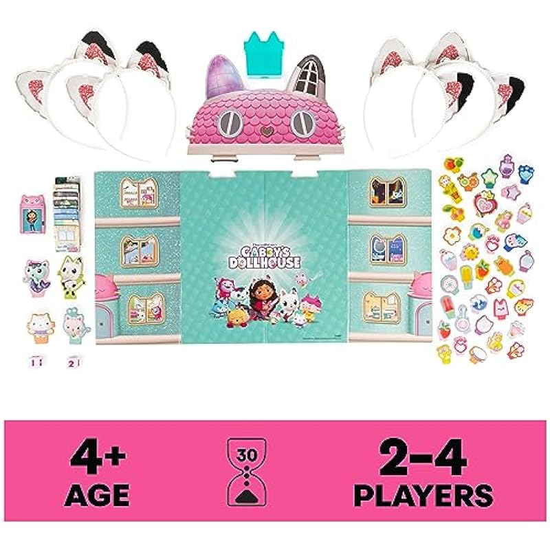 Gabby’s Dollhouse, Meow-Mazing Board Game Based on The DreamWorks Netflix Show with 4 Kitty Headbands, for Families & Kids Ages 4 and up