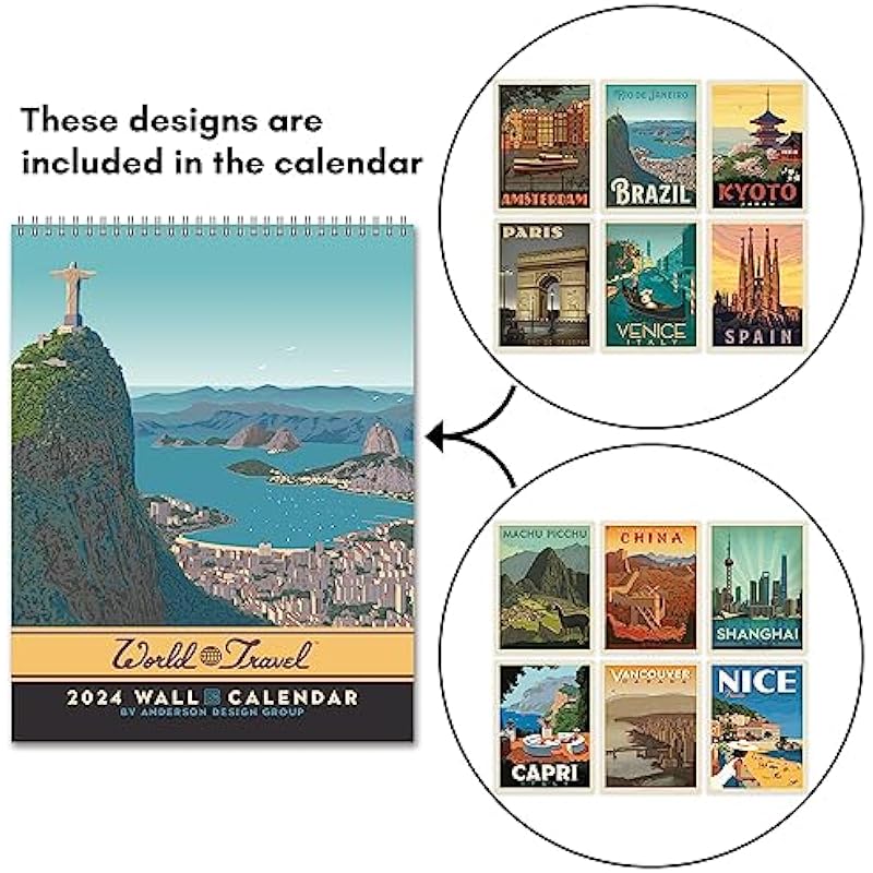 Americanflat 2024 Calendar – World Travel Destinations Design – Large Wall Calendar with Monthly Format – Hanging Monthly Calendar Planner – 10×26 Inches When Open