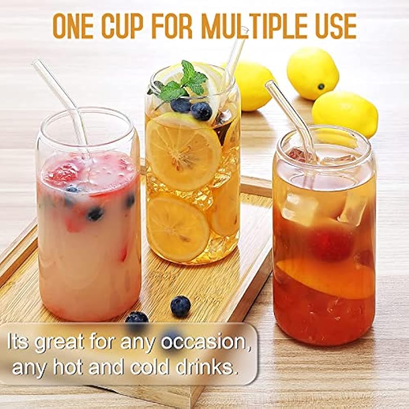 Drinking Glasses with Bamboo Lids and Glass Straw 4pcs Set, 16oz Can Shaped Glass Cups, Beer Glasses, Iced Coffee Glasses, Cute Tumbler Cup, Ideal for Whiskey, Soda, Tea, Water, Gift