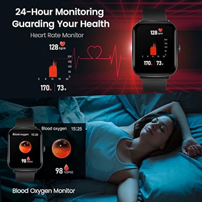 Smart Watch, Fitness Tracker with Heart Rate Blood Oxygen Sleep Monitor, 1.7″ DIY Full Touch Screen Smartwatch for Women Men,Waterproof Fitness Watch for iPhone Android Phones (Black)