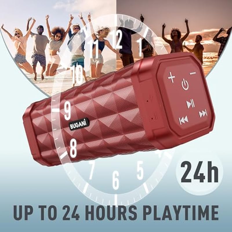 BUGANI Bluetooth Speaker, Portable Wireless Speaker Stereo Sound, IPX5 Waterproof Speaker, Built-in Microphone 24H Play, Bluetooth 5.0, Type-C, Outdoor Speakers Suitable for Home/Travel, Red