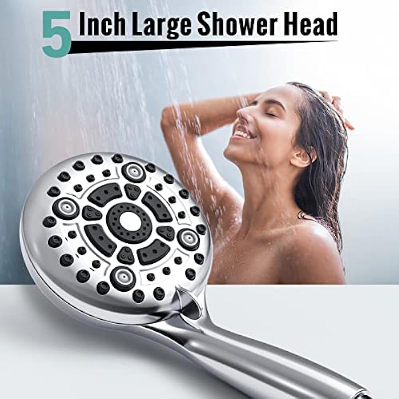 Shower Head, SR SUN RISE 6-Settings 5″ High Pressure Handheld Shower Head Set with 2.45 Meter/96 Inch/ 8 FT Long Shower Hose and Shower Arm Mount with Brass Ball Joint,Chrome