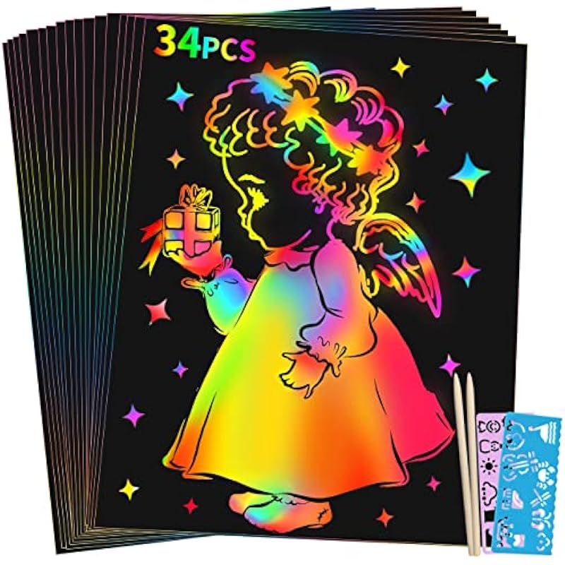 Rainbow Scratch Paper Birthday Gift: 30Pcs Magic Scratch Paper Pad for Kids Girl Boy Ages 3-12 Art Craft Scratch Paper Set Halloween Party Game Christmas Birthday Fun DIY Kits for Girls