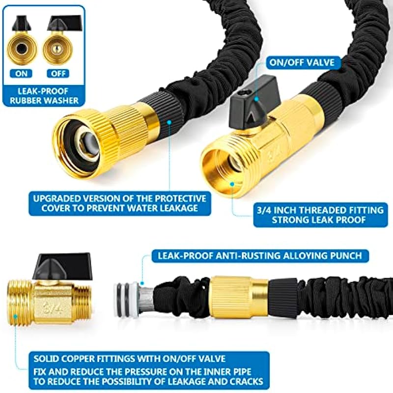 JUILA-YUN Expandable Garden Hose 50ft with 3/4 Solid Brass Fittings & 10 Function Spray Nozzle, 4-Layer Latex Core Flexible Water Hose Pipe, No Kink Anti-Leakage Retractable for Gardening (Black)