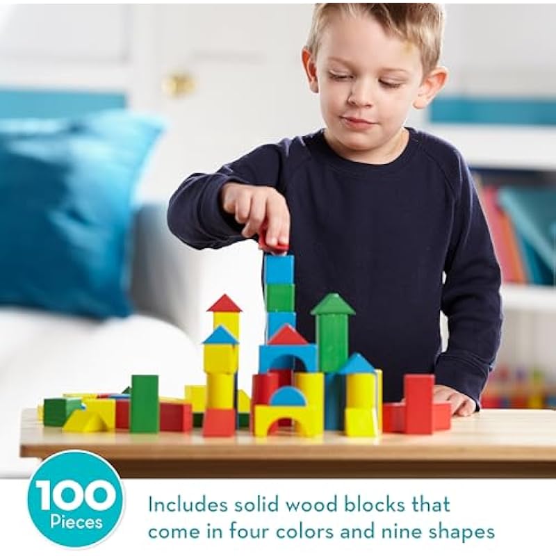 Melissa & Doug Wooden Building Blocks Set – 100 Blocks in 4 Colors and 9 Shapes – Classic Kids Toys, Colored Wood Blocks For Toddlers Ages 2+