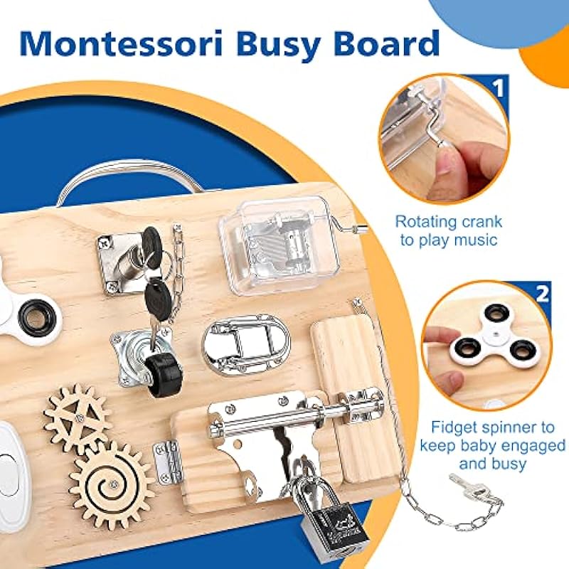 Wooden Montessori Toys Busy Board for 1 2 3 4 Year Old, Baby Toddler Sensory Toys, for Fine Motor Skills, for Autism