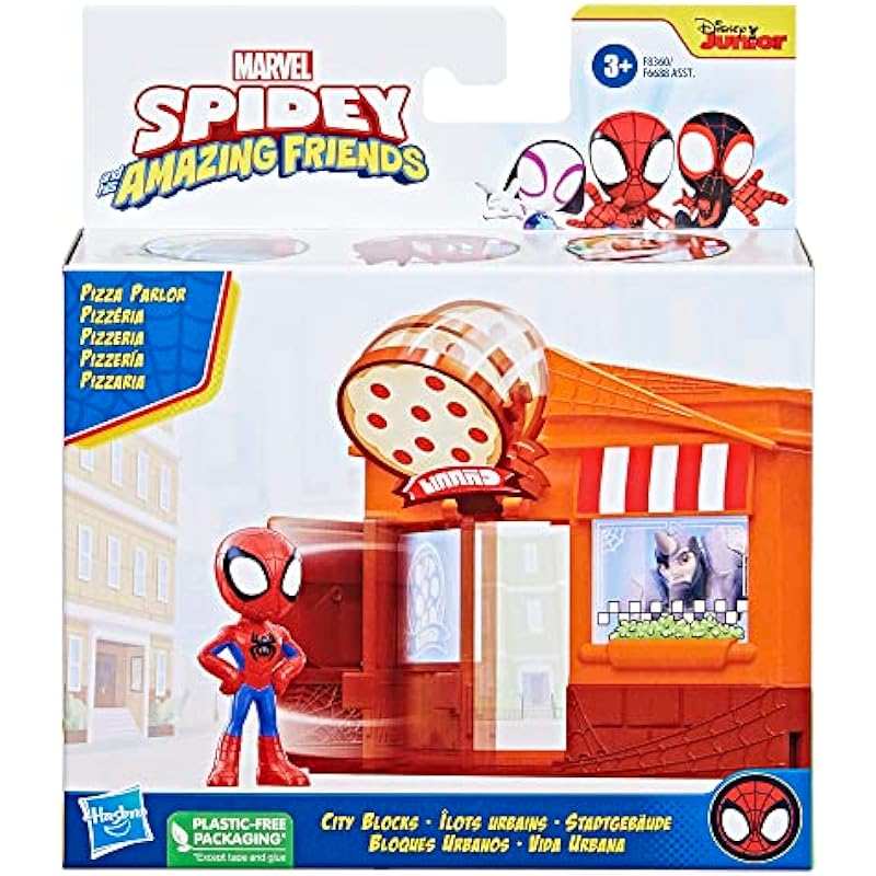 Marvel Spidey and His Amazing Friends City Blocks Spidey Pizza Parlor, Kids Playset, Action Figure Playset for Ages 3 and Up