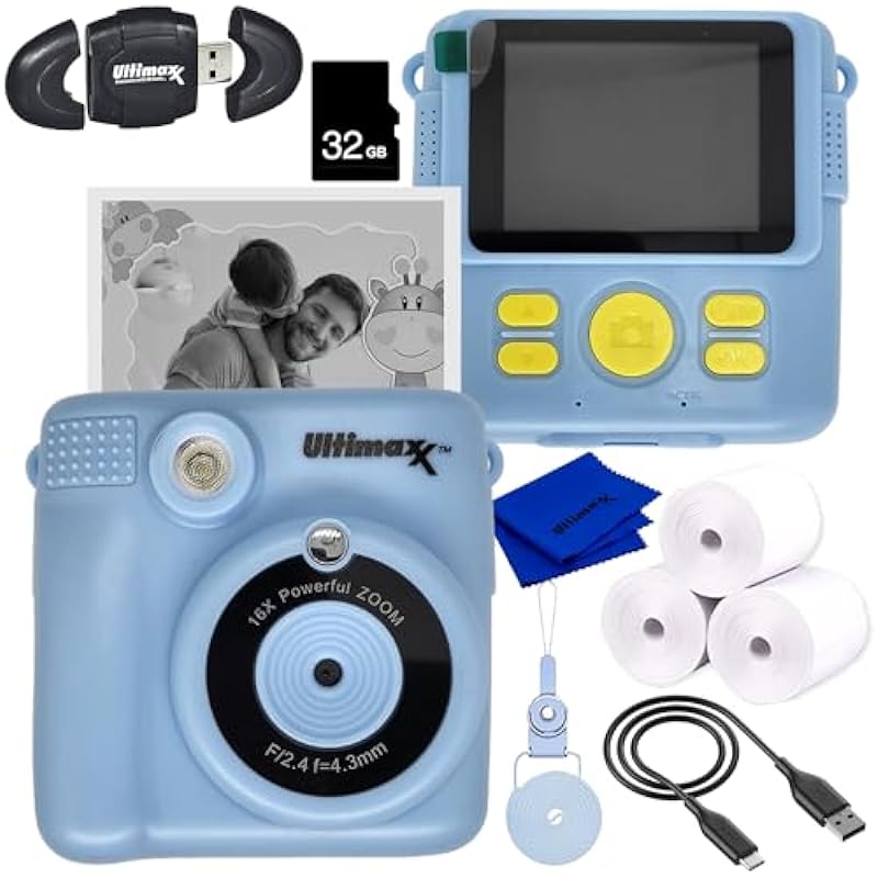 Ultimaxx Essential Instant Print Camera for Kids Bundle (Blue) – Includes: 32GB microSD Card, High-Speed Memory Card Reader with Internal microSD Slot, Lanyard, Microfiber Cloth & More (9pc Bundle)