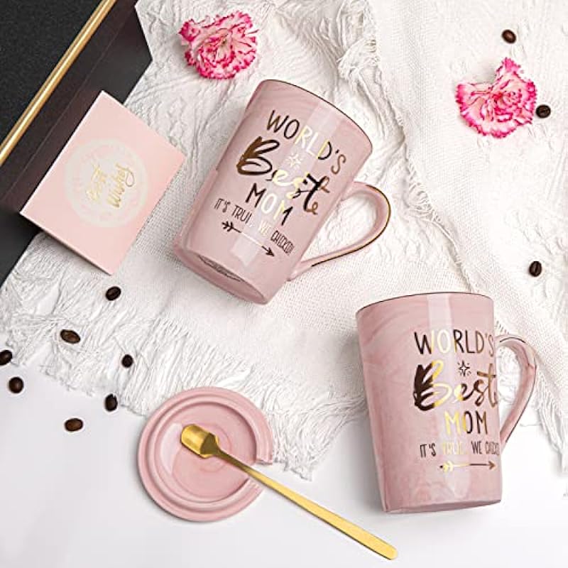 ALBISS Mothers Day Gifts for Mom from Daughter Son – World’s Best Mom – Funny Mom Mug Printed with Gold, Presents for Mom Birthday, 14OZ Pink Marble Ceramic Coffee Cup with Lid Card, Nicely Gift-Boxed