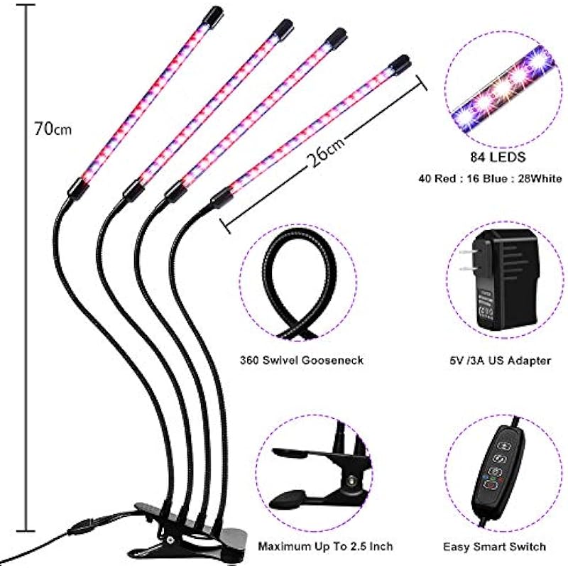 Grow Light Plant Light for Indoor Plants, 4-Head 50W 84 LEDs Red&Blue&Full Spectrum Plant lamp, 360°Adjustable Gooseneck Auto ON/Off 3/9/12 H Timer 3 Switch Modes, 10 Dimmable Levels