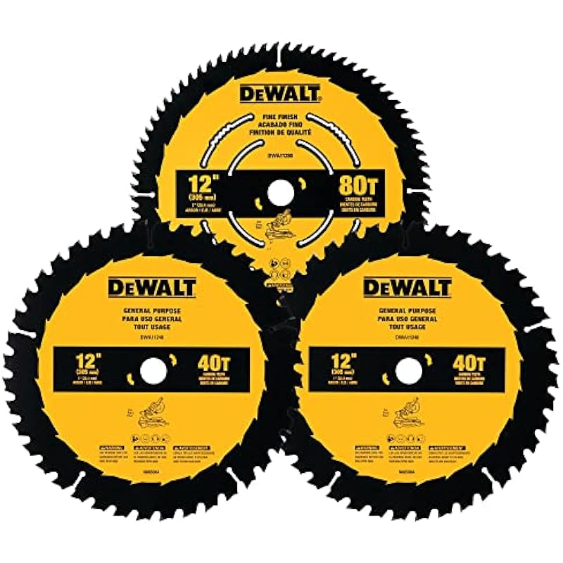 DEWALT Pack of 12-in Saw Blades – 1 x 80 T and 2 x 40 T Blades for Miter Saws – Pack of 3 Blades Total (DWA112CMB3)