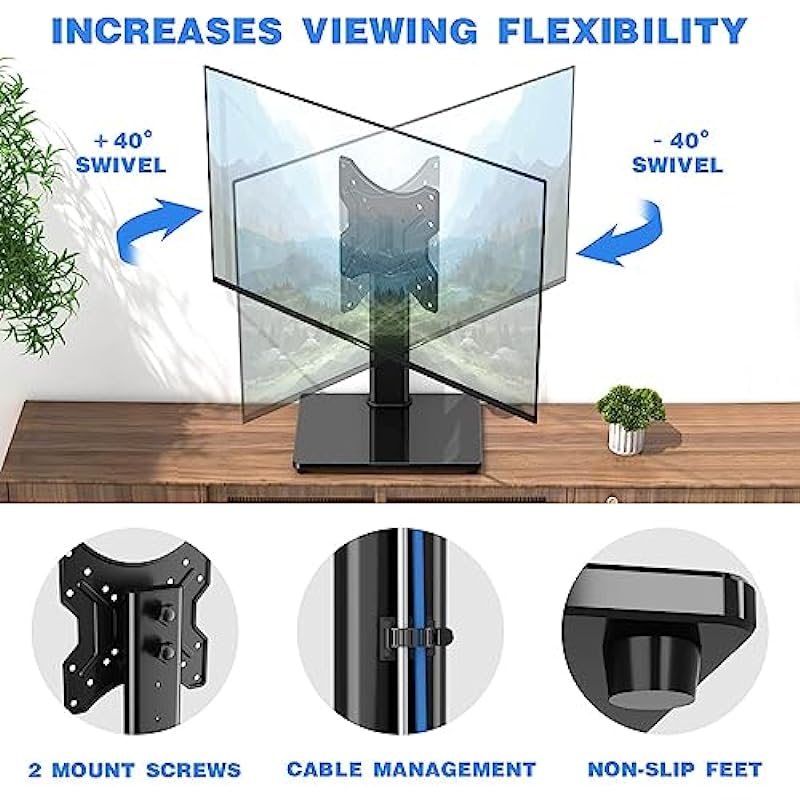 Rfiver Universal Swivel TV Stand, Table Top TV Stand for 23-43 inch Flat Screens, Height Adjustable TV Mount Stand with Tempered Glass Base for Home/Office, Holds up to 66 lbs, Max VESA 200 x 200mm