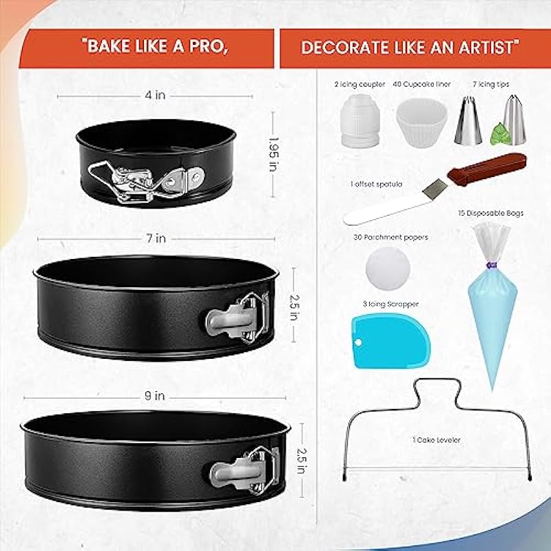 Cake Pans with Baking Supplies | 100 Pcs Springform Pan Set Includes 3 Round Non-Stick Moule a Gateau (4,7,9 inches Baking Pan)-Icing Tips-Leveler–Leak Proof Cheesecake Pan-Baking Set & EBook By RFAQK