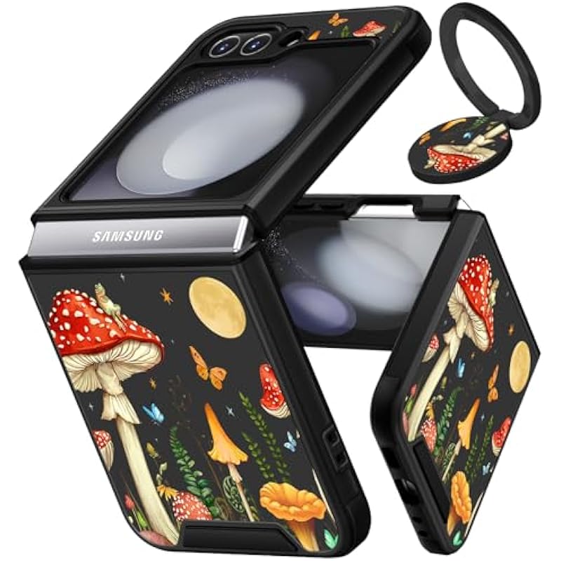 Funermei (2in1) for Samsung Galaxy Z Flip 5 Case for Women Girls Mushroom Cute Teens Phone Cover Girly Pretty Aesthetic Moon Design with Ring Stand Luxury Funda for Samsung Z Flip 5 Cases 6.7” (2023)