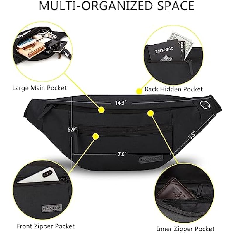 MAXTOP Large Crossbody Fanny Pack Belt Bag for Women Men with 4-Zipper Pockets Gifts for Enjoy Festival Sports Workout Traveling Running Casual Hands-Free Water-Resistant Waist Pack Carrying of Phones