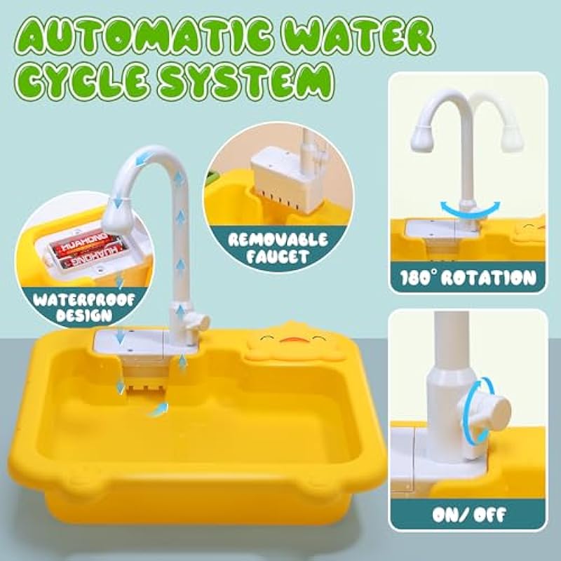 CUTE STONE Kitchen Sink Toys W/ Running Water, Play Sink Dishwasher W/ Upgraded Electric Faucet, Automatic Water Cycle System, Educational Pretend Role Play Kitchenware Toys for Kids Boys Girls(Duck)