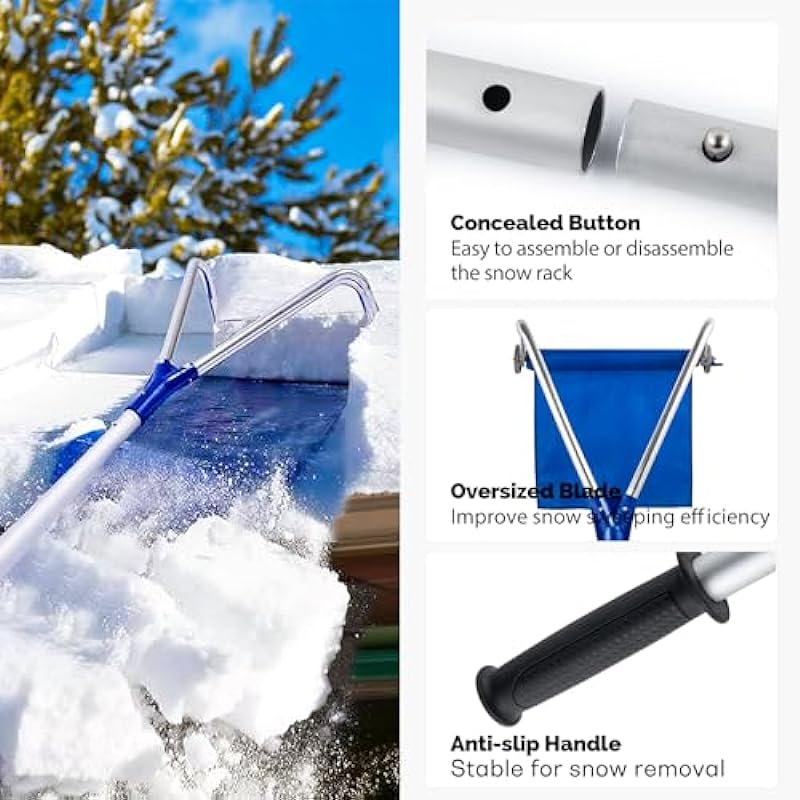 Goture Scratch Free 21ft Snow Roof Rake with Wheels & 420D Oxford Slide, Adjustable Aluminum Telescopic Snow Rake for Roof, Lightweight Roof Snow Removal Tool with Anti-Skid Handle for Pitched Roof