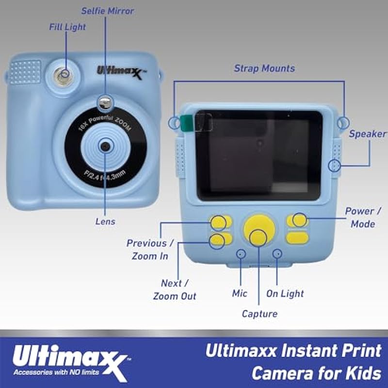 Ultimaxx Essential Instant Print Camera for Kids Bundle (Blue) – Includes: 32GB microSD Card, High-Speed Memory Card Reader with Internal microSD Slot, Lanyard, Microfiber Cloth & More (9pc Bundle)