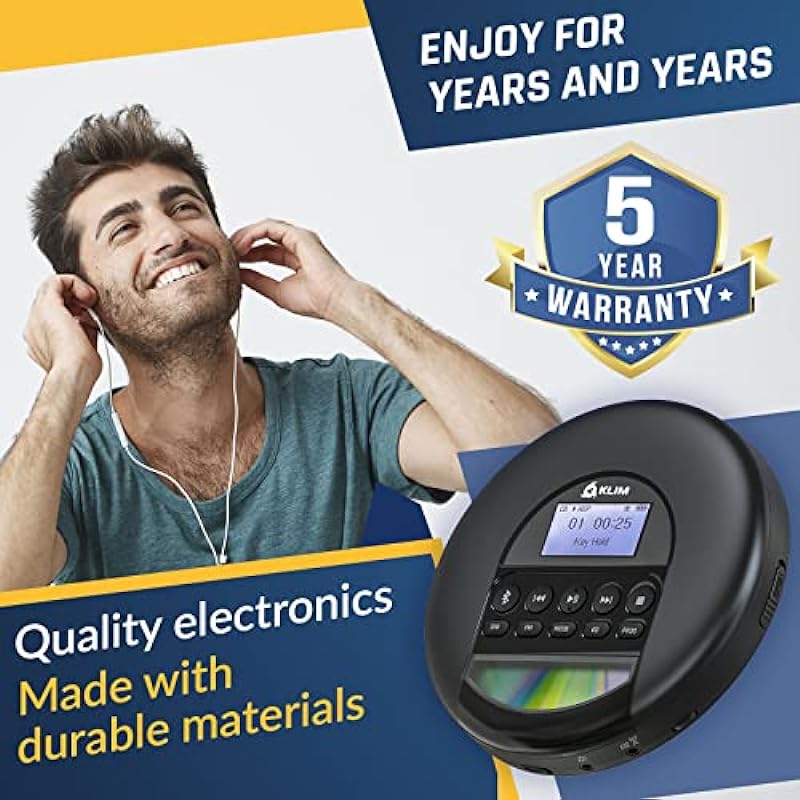 KLIM Nomad – New 2023 – Portable CD Player Walkman with Long-Lasting Battery – with Headphones – Radio FM – Compatible MP3 CD Player Portable – TF Card Radio FM AM Bluetooth – Ideal for Cars – Black