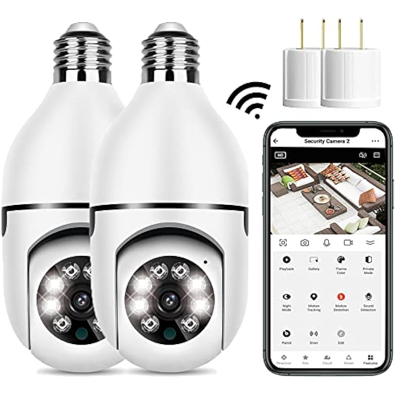 2Pack Light Bulb Security Camera Outdoor,2.4G Wifi Light Socket Security Cameras 1080P,Security Wireless Security Camera Outdoor/Indoor,Color Night Vision,Twoway Dialogue,Motion Tracking,Cloud Storage