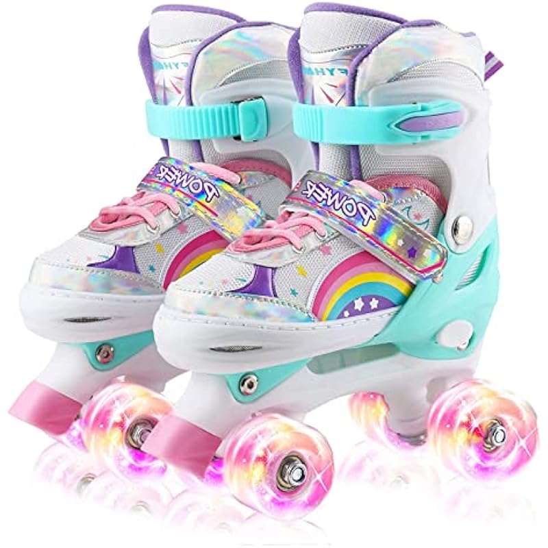 HXWY Rainbow Roller Skates for Girls Kids Children Youth Toddler Beginners, Adjustable 4 Sizes Roller Skates for Kids with All Light Up Wheels, Quad Skates for Outdoor Indoor Sports