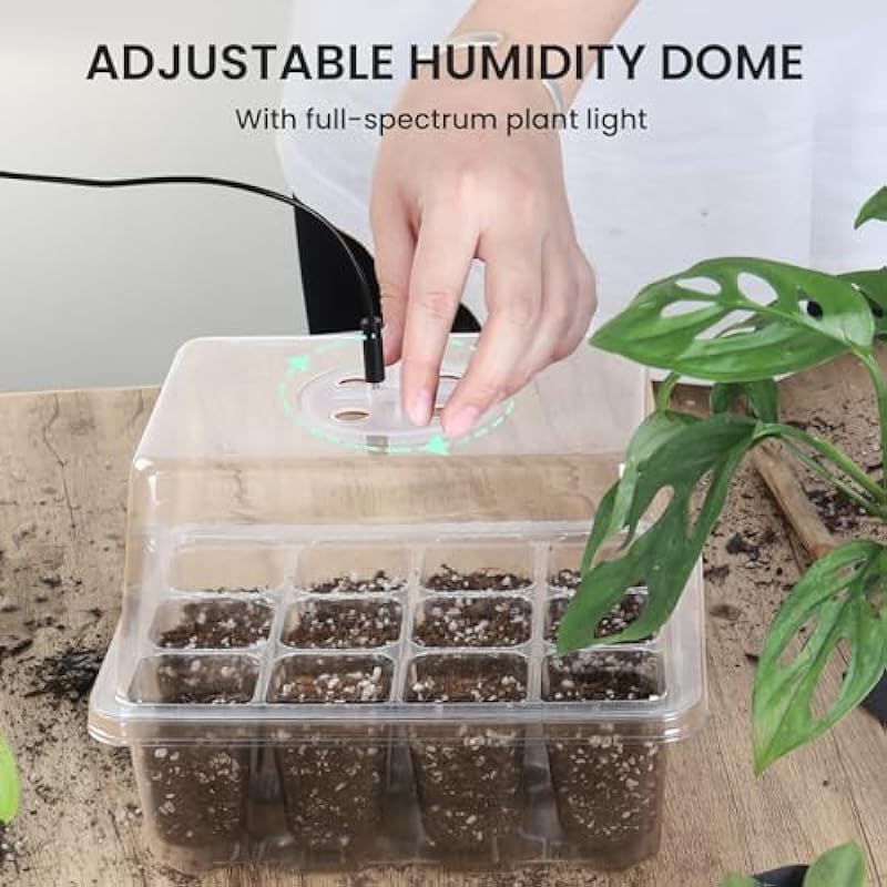 Bonviee 5 Packs Seed Starter Kit with Grow Light，Seed Starter Tray Tall with 3 inch Lids，with Adjustable Humidity Dome，for Base Mini Greenhouse Germination Kit(12 Cells per Seedling Tray)