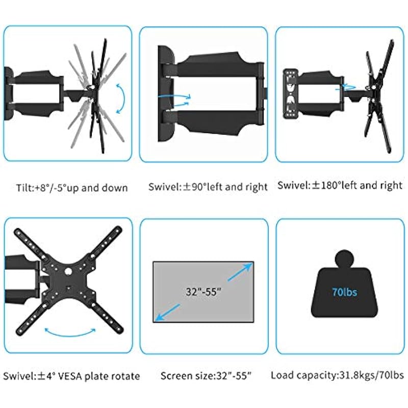 Suptek Adjustable TV Wall Mount Swivel and Tilt TV Arm Bracket for Most 32-55 inch LED, LCD Monitor and Plasma TVs up to 70lbs VESA up to 400x400mm (MAFD-L400)