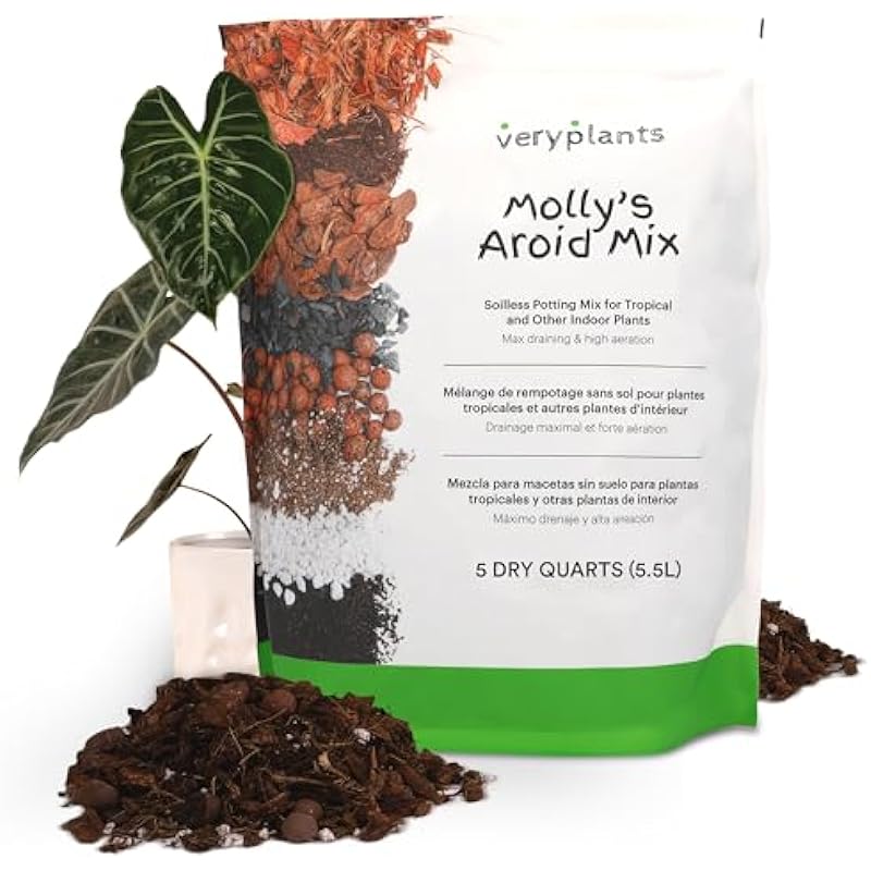 Molly’s Aroid Mix – Premium Soilless Chunky Potting Mix for Tropical and Indoor Plants – Contains Orchiata Bark, Coco Chips, Worm Castings, Horticultural Charcoal, Mycorrhizae, More. 5.5L