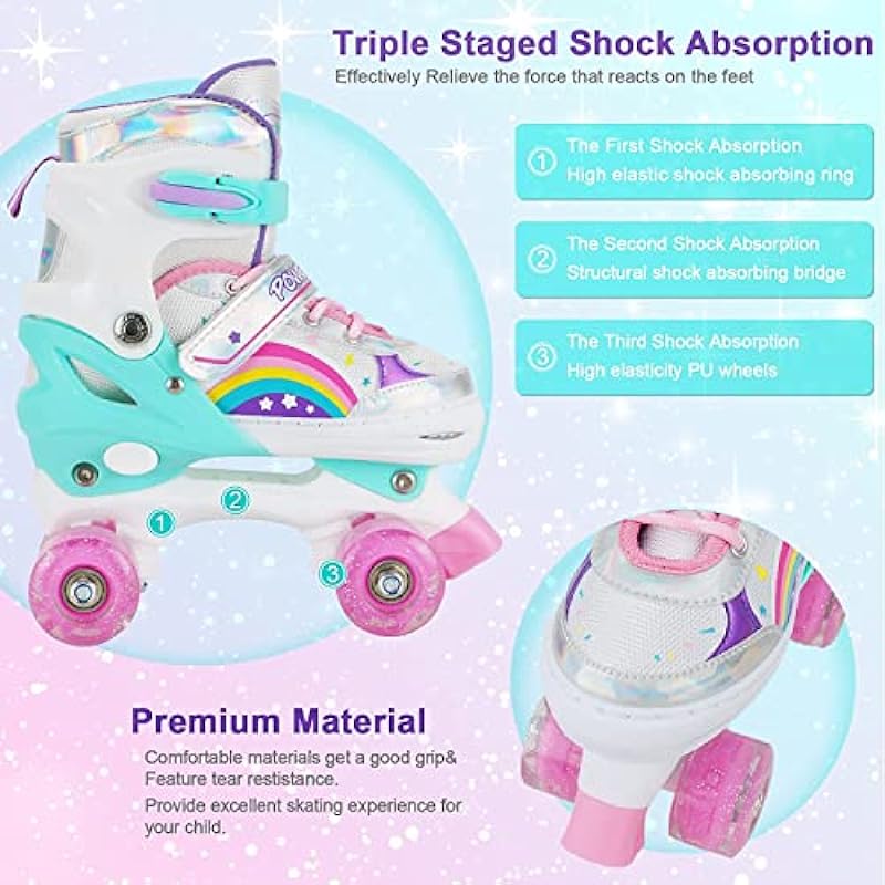 HXWY Rainbow Roller Skates for Girls Kids Children Youth Toddler Beginners, Adjustable 4 Sizes Roller Skates for Kids with All Light Up Wheels, Quad Skates for Outdoor Indoor Sports