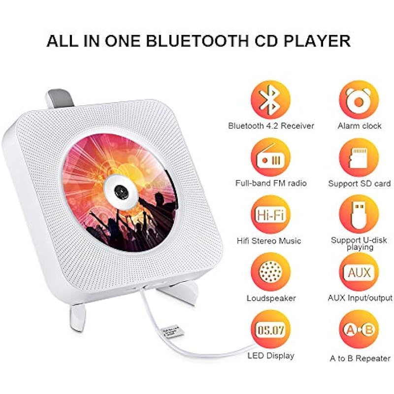 Portable CD Player with Bluetooth, Qoosea Wall Mountable CD Players Music Player Home Audio Boombox with Remote Control FM Radio Built-in HiFi Speakers LCD Display MP3 Headphone Jack AUX Input Output