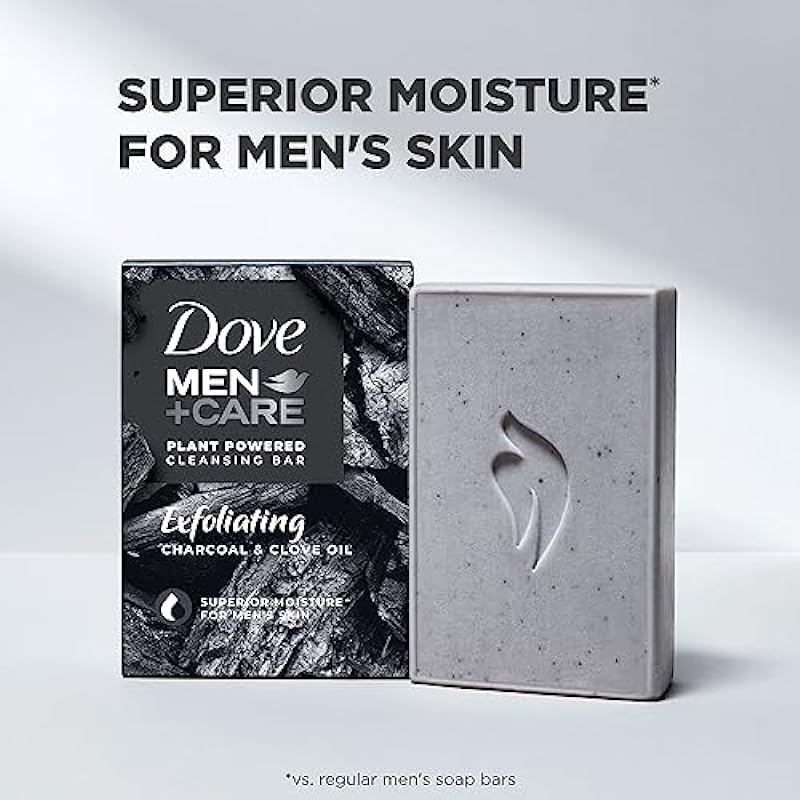 Dove Men + Care Natural Essential Oil Bar Soap to Clean and Hydrate Men’s Skin Exfoliating Charcoal + Clove Oil 4-in-1 Bar Soap for Men’s Body, Hair, Face and Shave 141 g 4 count