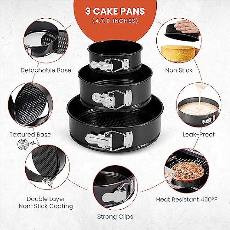 Cake Pans with Baking Supplies | 100 Pcs Springform Pan Set Includes 3 Round Non-Stick Moule a Gateau (4,7,9 inches Baking Pan)-Icing Tips-Leveler–Leak Proof Cheesecake Pan-Baking Set & EBook By RFAQK