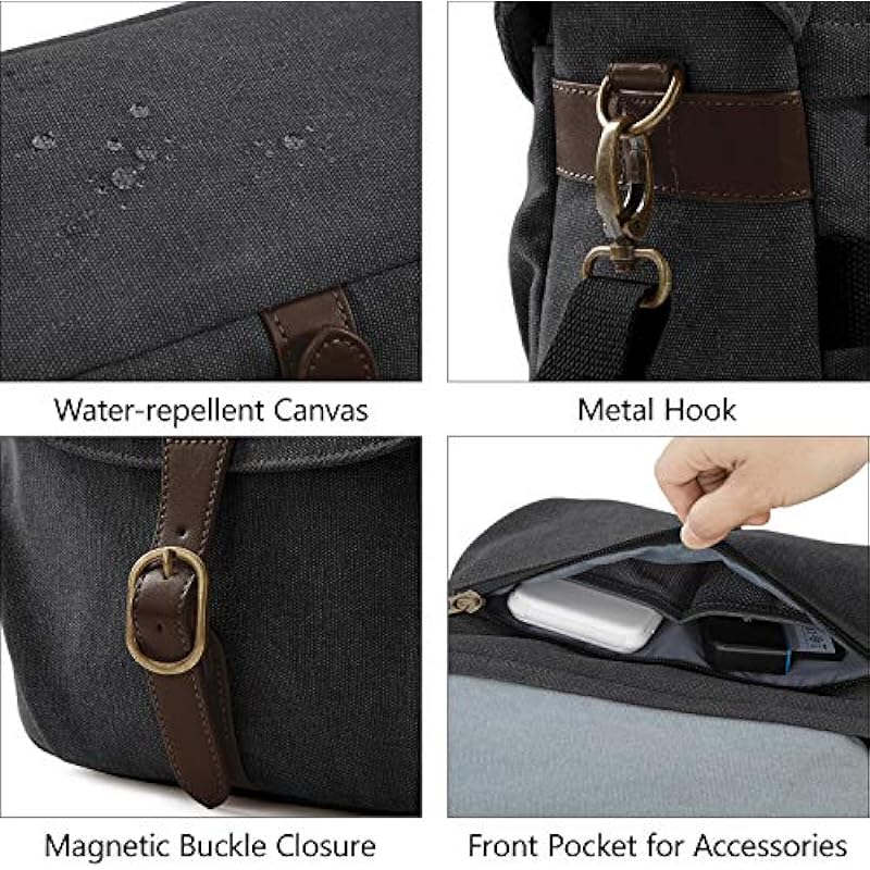 Camera Bag, BAGSMART SLR DSLR Canvas Camera Case, Vintage Padded Camera Shoulder Bag with Rain Cover for Women, Men, Black