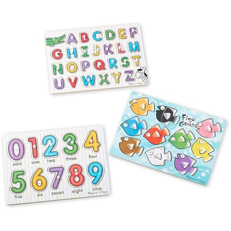 Melissa & Doug Classic Wooden Peg Puzzles (Set of 3) – Numbers, Alphabet, and Colors | Toddler Learning Toys, Alphabet And Numbers Puzzles For Kids Ages 3+