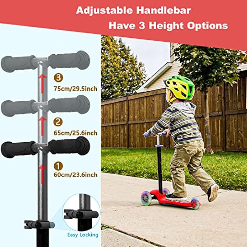 Fawn Toys 3-Wheel Junior Kick Scooter LED Flashing Wheels/Lean to Turn/Indoor/Outdoor Three Adjustable Heights Quiet PU Wheels Extra Wide Deck Best Gift for Kids, Boys Girls 2-8 Yrs