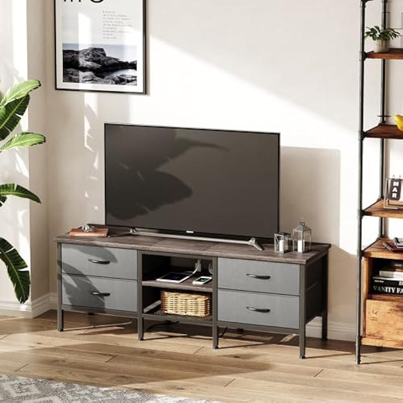 CAIYUN TV Stand with Storage, TV Table 55 Inch with Drawers&Power Outlets&USB Ports for 60 65 Inch TV, TV Console Table, TV Bench for Living Room, Bedroom(Grey,55 Inch)
