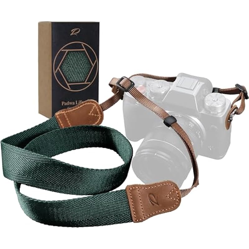 Dark Green Camera Strap,Double Layer top-grain Cowhide Ends,1.5″Wide Pure Cotton Woven Camera Strap,Adjustable Universal Neck & Shoulder Strap for All DSLR Cameras,Great Gift for Photographers