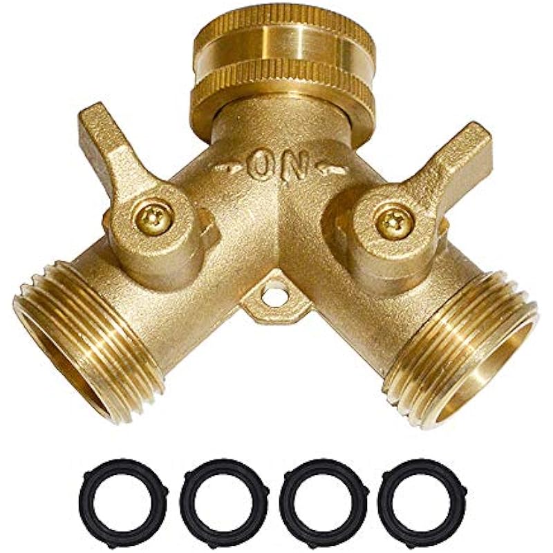 HQMPC Garden Hose Y Valve Hose Splitter Brass Hose Splitter with Solid Brass Handle Brass Y Valve Water Garden Hose Adapter 2 Way Y Valve 3/4″ GHT Thread Extra 4 Presure washers (1)