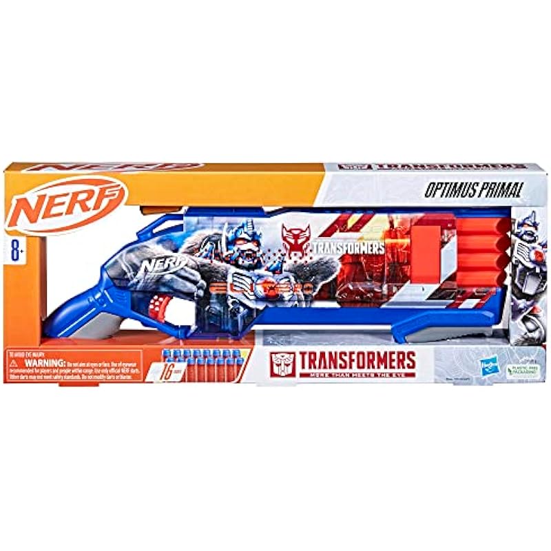 Nerf Transformers Optimus Primal Dart Blaster, 16 Nerf Elite Darts, Pump Action, Toy Foam Blasters for 8 Year Old Boys & Girls & Up