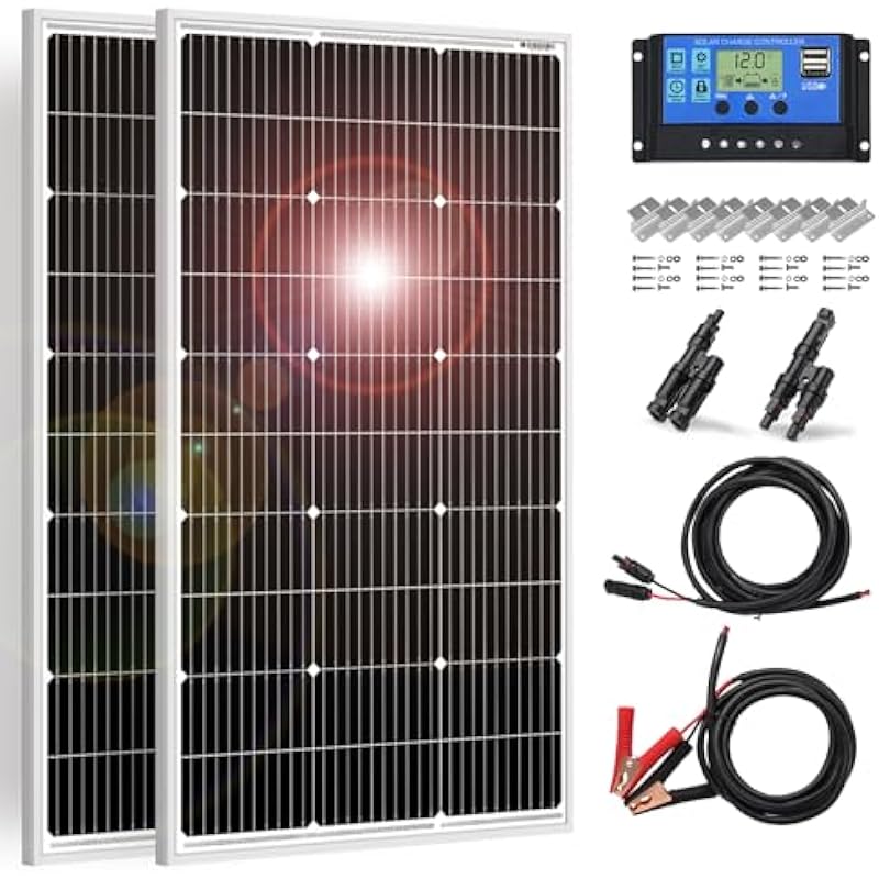 DOKIO 200w 18v Solar Panel Monocrystalline to Charge 12v Battery(Vented AGM Gel) or Off-Grid/RV,Boat:2pcs 100W Solar Panel + Controller + 5M MC4 Extension Cable+3M Alligator Clips+Mounting Z Brackets