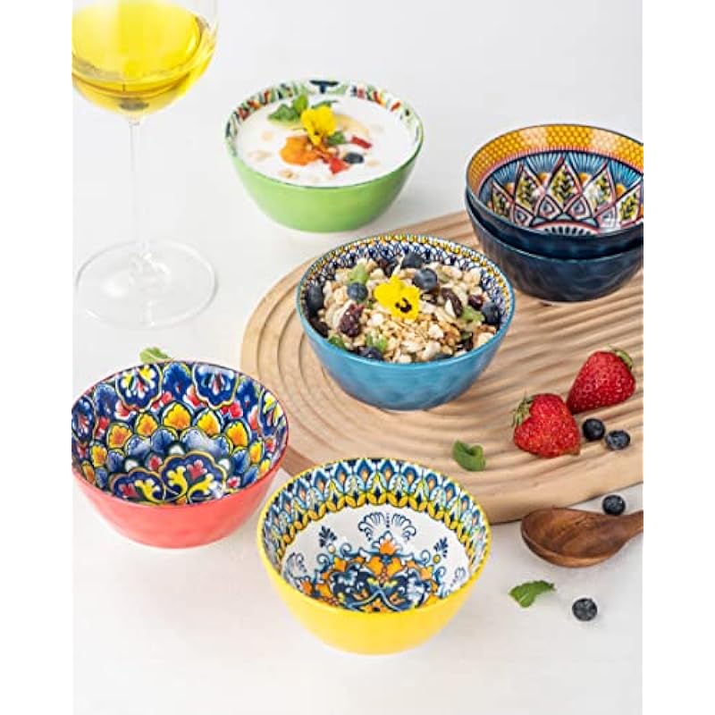 HENXFEN LEAD Ceramic Snack, Dessert Bowls Set of 6-12 Oz Colorful Small Bowl Set for Ice Cream, Nut, Condiment – Porcelain Side Dish Bowls for Dipping, Salsa – Bohemian Style