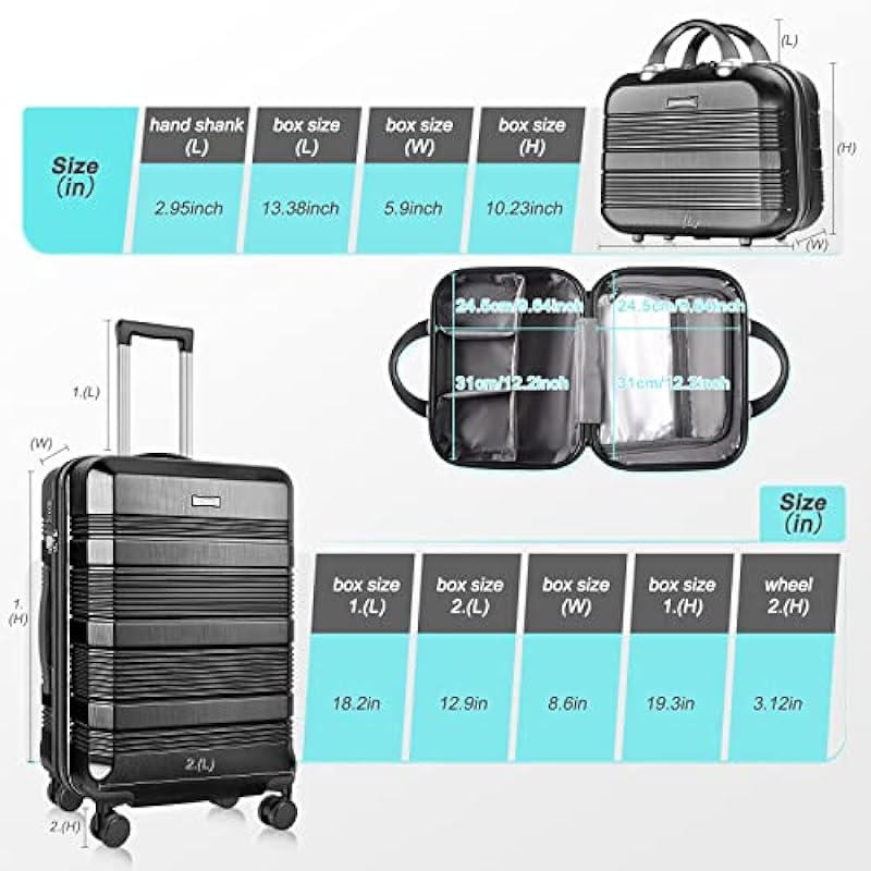 GigabitBest 2PCS Luggage Set, 20″ Carry-On Luggage & 14″ Cosmetic Bag, Lightweight ABS+PC Carrying Case with TSA Lock, Rigid Suitcase with Swivel Wheels (Black, 14/20 Carry-On)