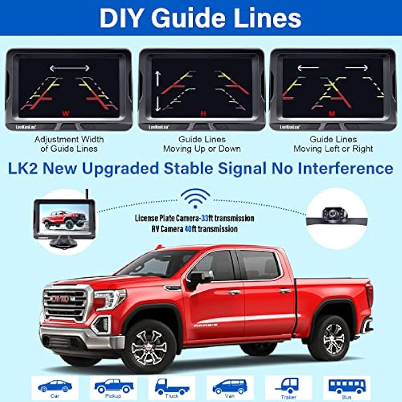 LeeKooLuu Wireless Backup Camera 5 Inch Rear View Monitor Kit HD 1080P Bluetooth Reverse Cameras for Truck Car Van Camper Two Channels Waterproof Night Vision DIY Parking Guide Lines LK2