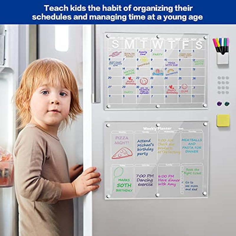 Winblo 2 Set Acrylic Magnetic Monthly and Weekly Calendar for Fridge – Clear Reusable Dry Erase Board Calendar for Refrigerator Planner, Includes Silicone Gaskets & 6 Colors Markers(16″x12″Inches)