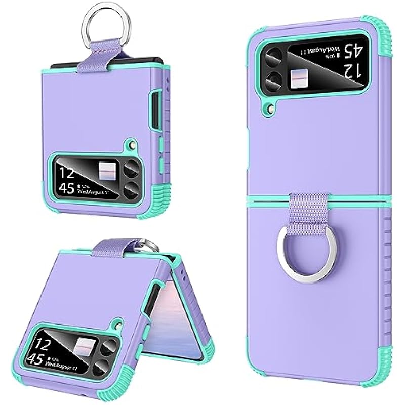 Telaso Samsung Galaxy Z Flip 3 Case, Z Flip 3 5G Case, Heavy Duty 2 in 1 Full Body Rugged Shockproof Protection Cover with Ring Girls Women Boy Men Covers for Galaxy Z Flip 3 6.7”, Purple/Mint Green