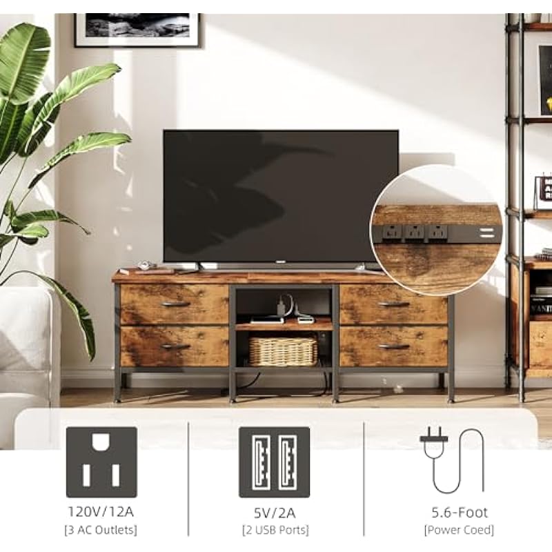 CAIYUN TV Stand with Storage, TV Table 55 Inch with Drawers&Power Outlets&USB Ports for 60 65 Inch TV, TV Console Table, TV Bench for Living Room, Bedroom(Brown,55 Inch)