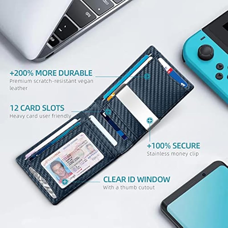 Zitahli Mens Slim Wallet Larger Capacity with 12 Slots RFID Blocking Minimalist Bifold Front Pocket Wallet for Men with ID Window