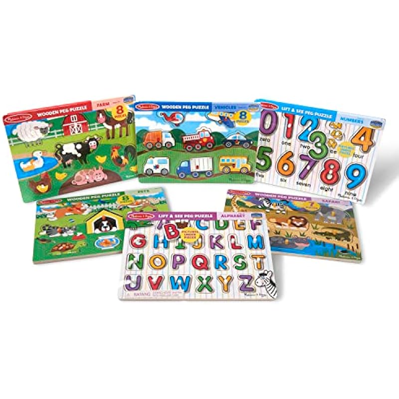 Melissa & Doug Wooden Peg Puzzle 6 Pack Numbers, Letters, Animals, Vehicles