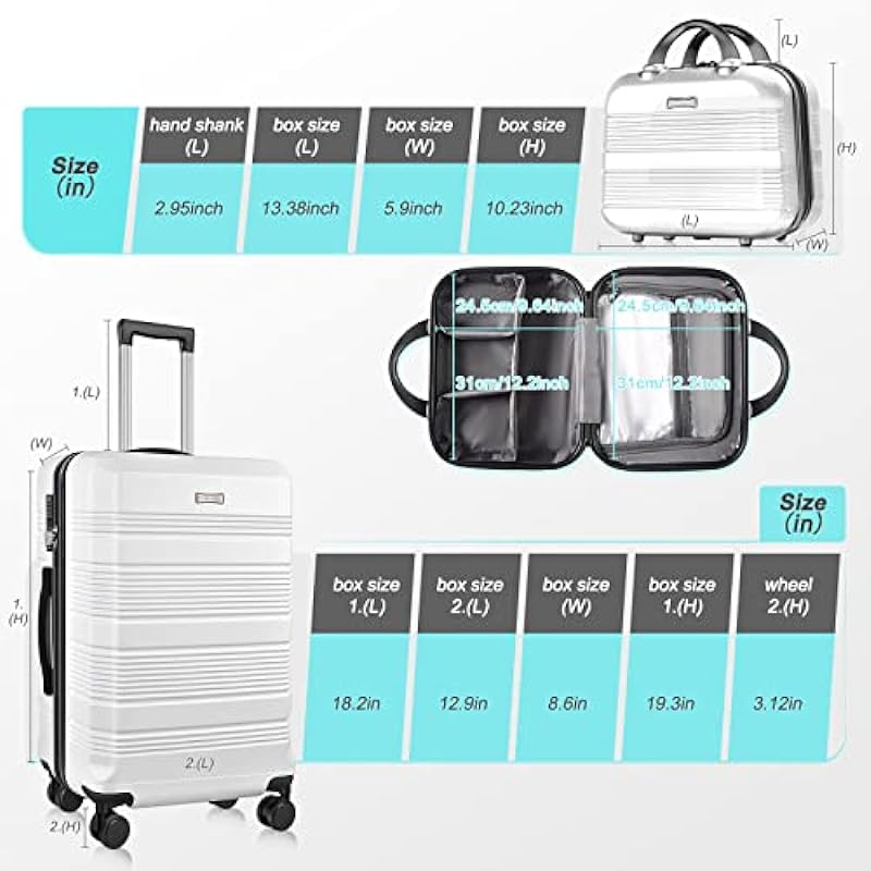 GigabitBest 2PCS Luggage Set, 20″ Carry-On Luggage & 14″ Cosmetic Bag, Lightweight ABS+PC Carrying Case with TSA Lock, Rigid Suitcase with Swivel Wheels (White, 14/20 Carry-On)