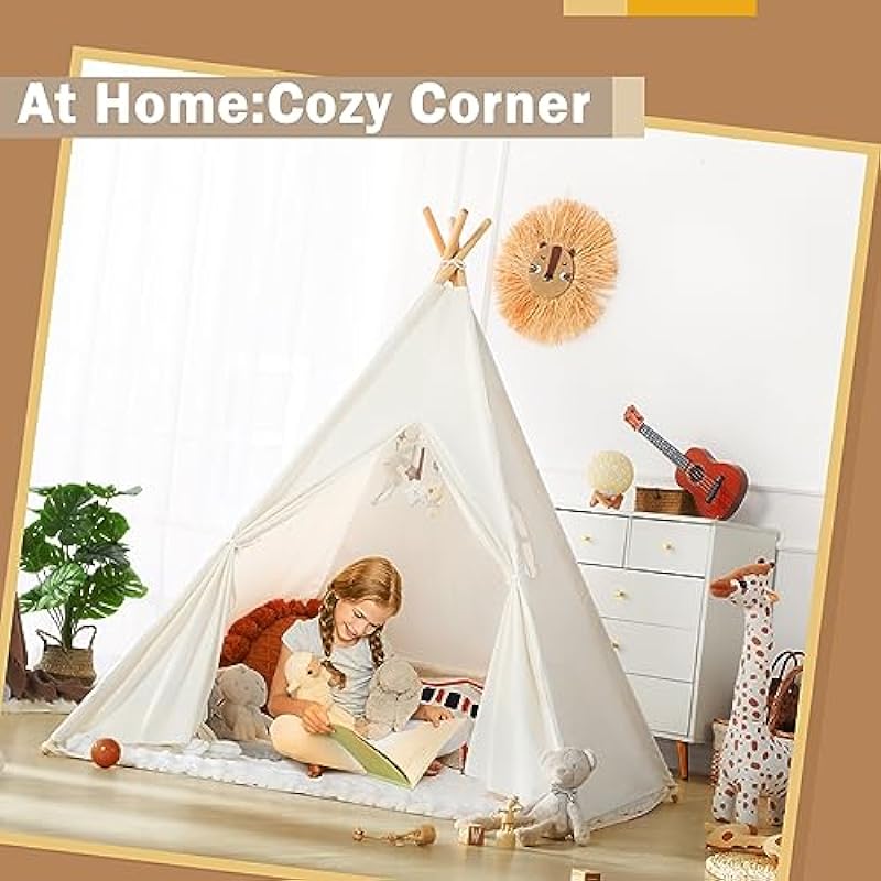 Monobeach Teepee Tent for Kids Foldable Children Play Tent for Girl and Boy with Carry Case 4 Poles White Canvas Playhouse Toy for Indoor and Outdoor Games (White)